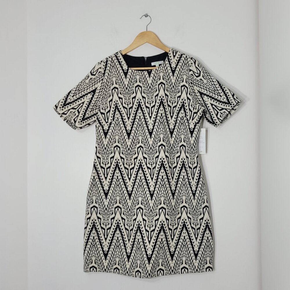 Jade Melody Tam NEW Cream Black Zigzag Cotton Blend Short Sleeve Zip Back Dress
